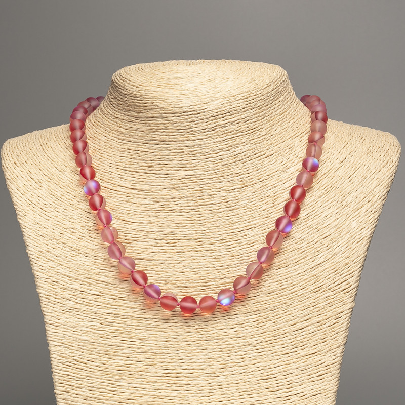 Necklace Opal Glass Red Matte Chameleon smooth round bead, diameter 8mm+/-, length 49cm+