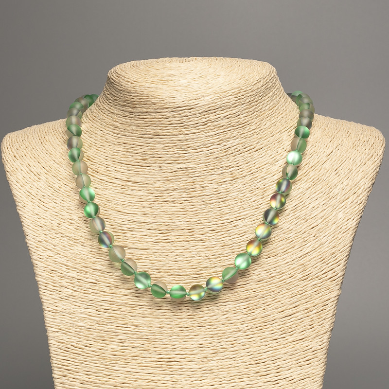 Necklace Opal Glass Green Matte Chameleon smooth round bead, diameter 8mm+/-, length 49cm+
