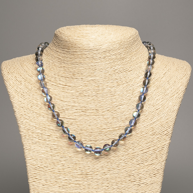 Necklace Opal Glass Grey Chameleon smooth round bead, diameter 8mm+/-, length 49cm+