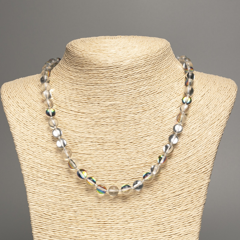 Necklace Opal Glass White Chameleon smooth round bead, diameter 8mm+/-, length 49cm+
