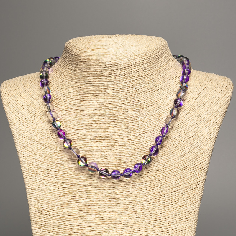 Necklace Opal Glass Purple Chameleon smooth round bead, diameter 8mm+/-, length 49cm+