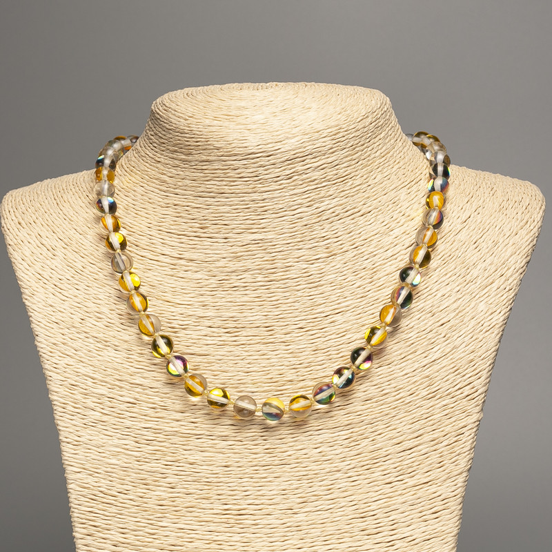 Opal Glass Necklace Yellow Chameleon Smooth Round Beads, diameter 8mm+-, length 49cm+