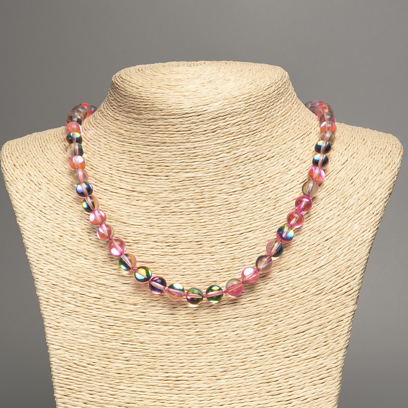 Necklace Opal Glass Pink Chameleon Smooth Round Bead, Diameter 8mm+-, Length 49cm+