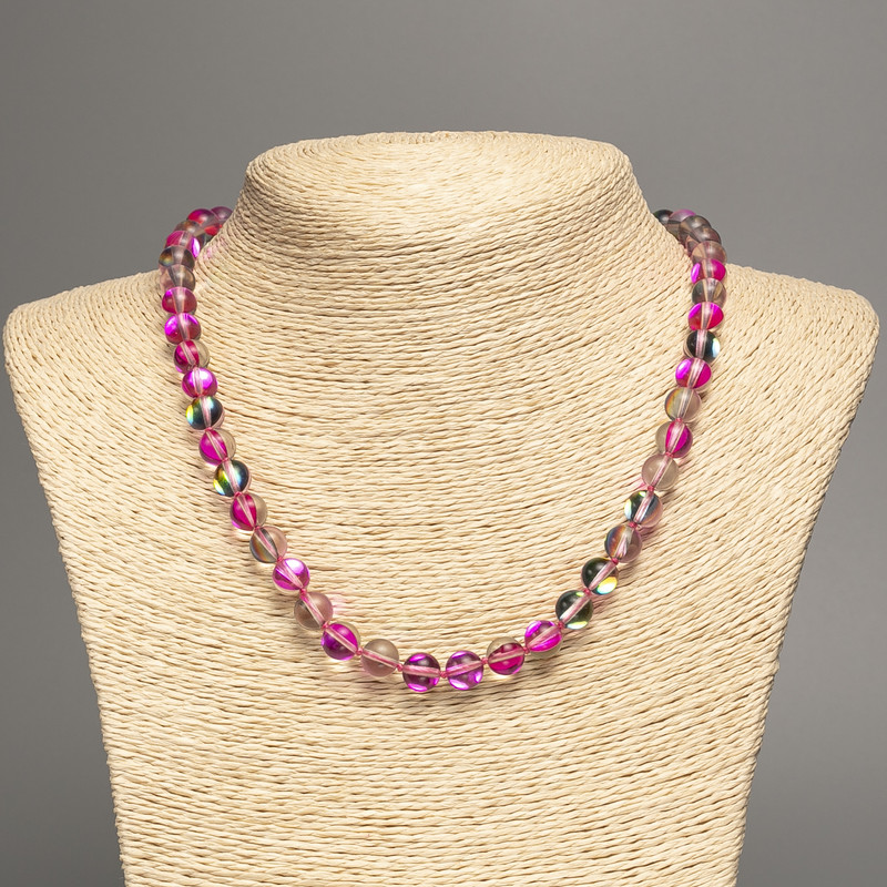 Necklace Opal Glass Raspberry Chameleon Smooth Round Bead, Diameter 8mm+-, Length 49cm+