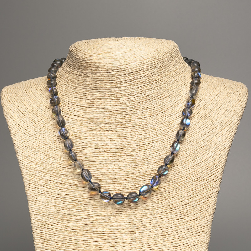 Necklace Opal Glass Grey-Blue Tumbled, Diameter 8x10mm+-, Length 50cm+