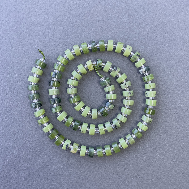 Canadian Jadeite Beads, Natural Stone Disc on Thread, diameter 6x3mm+-, length 39cm+- with 3x2mm+ seed beads