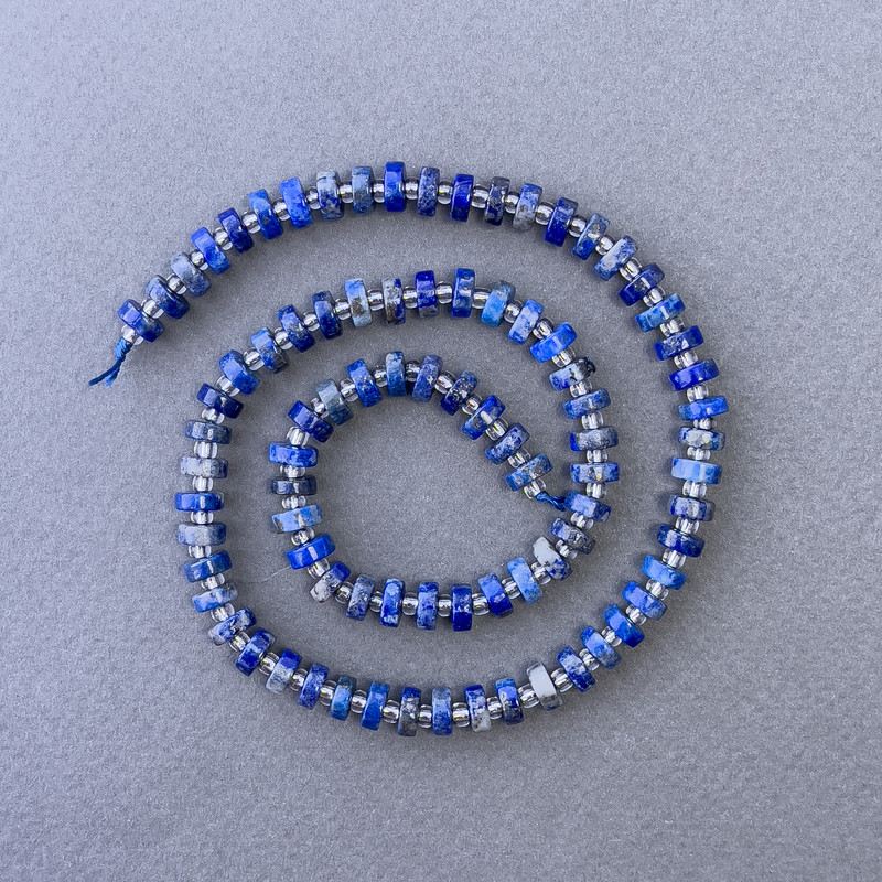 Lapis Lazuli Beads, Natural Stone Disc on Thread, diameter 6x2.5mm+-, length 39cm+- with 3x2mm+ seed beads