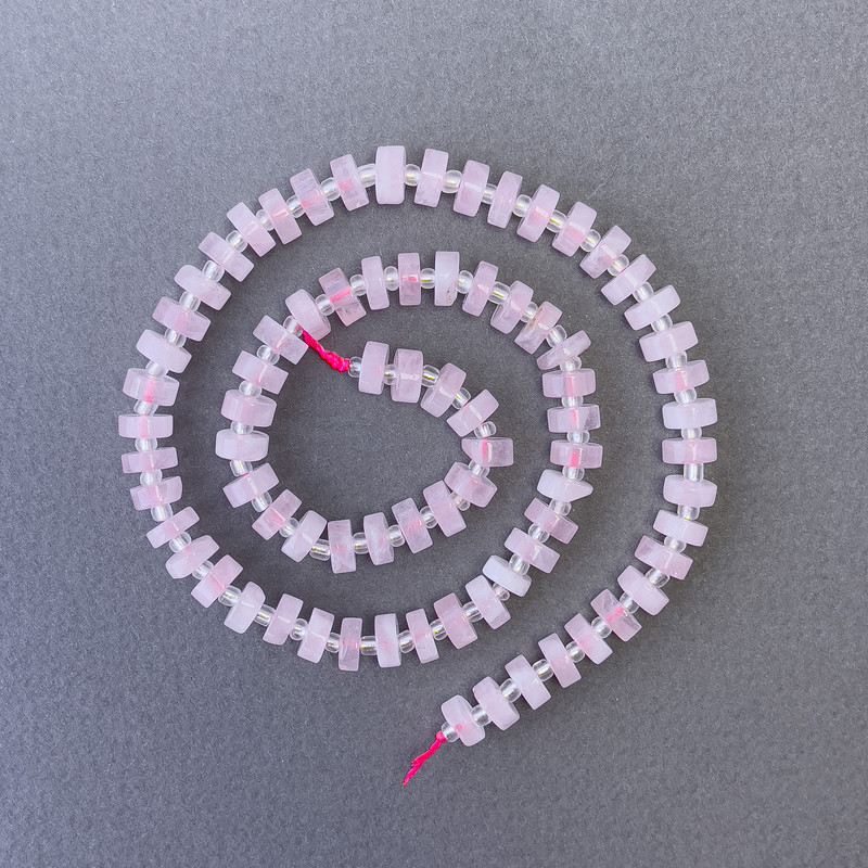 Rose Quartz Beads Natural Stone Disc on Thread, diameter 7x3mm+-, length 40cm+- with 3x2mm+ Seed Beads
