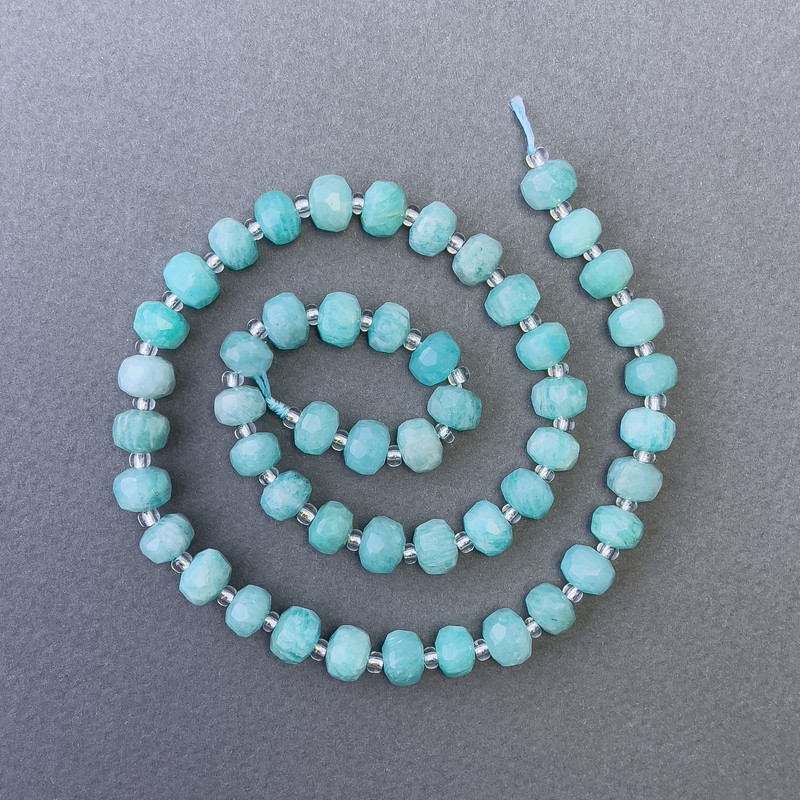 Amazonite Natural Stone Beads, Faceted Rondelle on Thread, Diameter 8x6mm+-, Length 39cm+- with 3x2mm+ Seed Beads