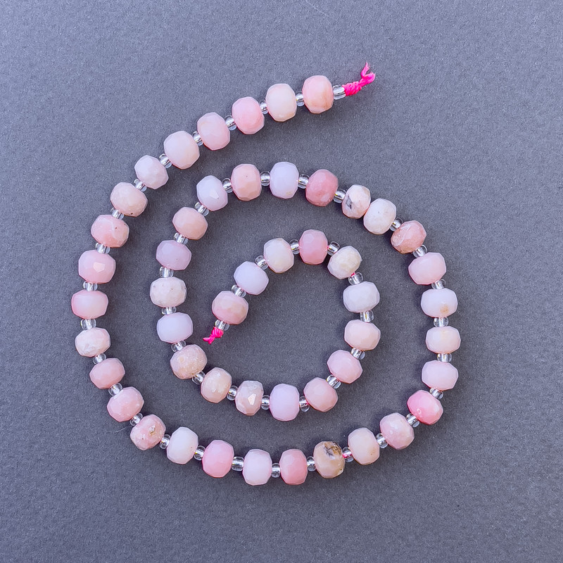 Pink Opal Beads, Natural Stone Faceted Rondelle on Strand, Diameter 7.5x6mm+/-, Length 39cm+/- with 3x2mm+ Seed Beads