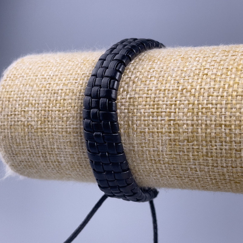 Men's Bracelet, Black Eco-Leather, 18-25cm Length, 12mm Width, Adjustable Slider Clasp
