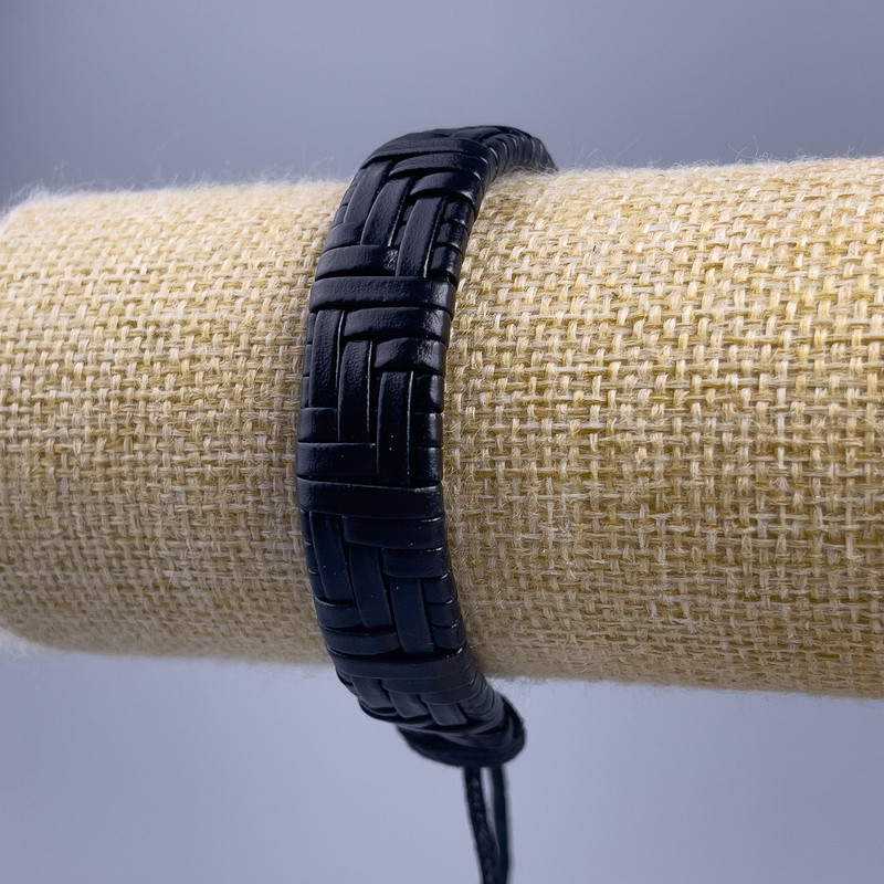 Men's Bracelet, Black Eco-Leather, 18-25cm Length, 13mm Width, Adjustable Slider Clasp