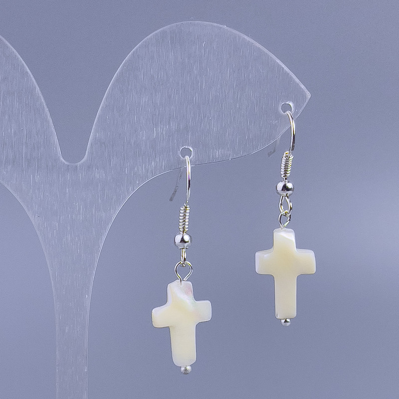 White Mother-of-Pearl Cross Earrings, diameter 10x15mm, length 36mm+