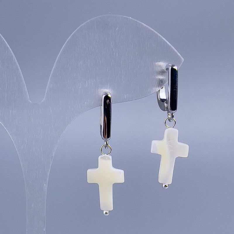 White Mother-of-Pearl Cross Earrings, diameter 10x15mm, length 34mm+