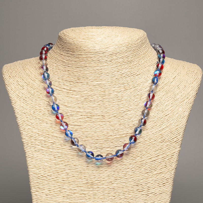 Opal Glass Necklace, blue chameleon smooth bead, diameter 8mm+/-, length 49cm+