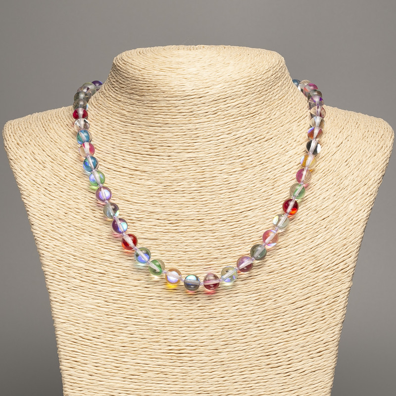 Opal Glass Necklace, multicolour chameleon smooth bead, diameter 8mm+/-, length 49cm+