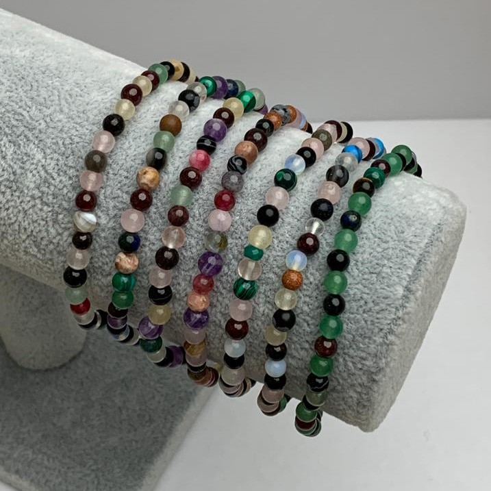 Bracelet Assorted Natural Stone smooth round bead, diameter 4.5mm+/-, length 18cm (stretch)
