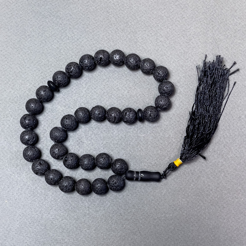 Lava Natural Stone Prayer Beads, smooth round beads, diameter 12mm+/- 33 beads, with Shungite inserts