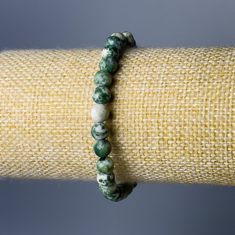 Moss Agate Bracelet, smooth bead, diameter 6.5mm+/-, length 18cm (stretch)