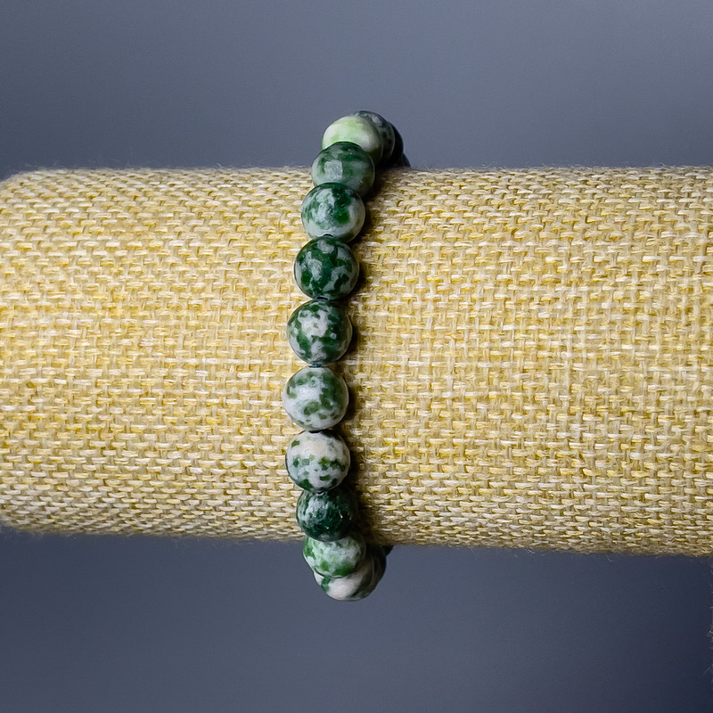 Moss Agate Bracelet, smooth bead, diameter 8mm+/-, length 18cm (stretch)