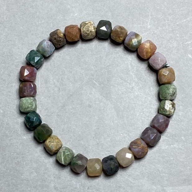 Green Jasper Natural Stone Bracelet, Faceted Cube, Diameter 7mm+-, Length 18cm (Stretch)