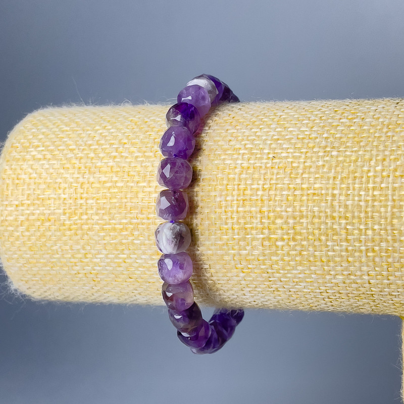 Amethyst Natural Stone Beaded Cube Bracelet, 7 mm Graded Cube, Stretch 18 cm