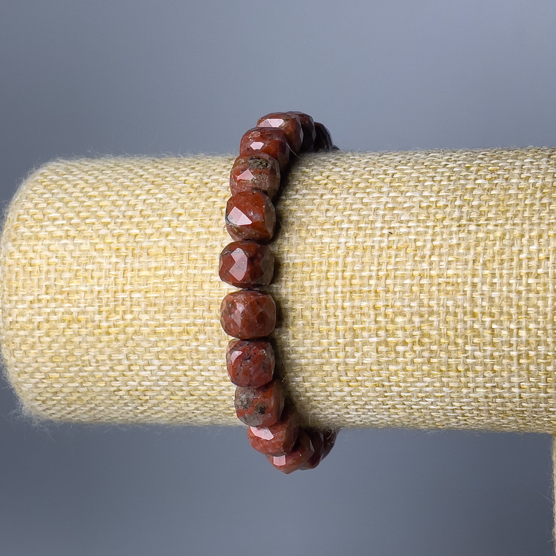 Bracelet Red Jasper natural stone faceted cube, diameter 8.5mm+-, length 18cm (elastic)
