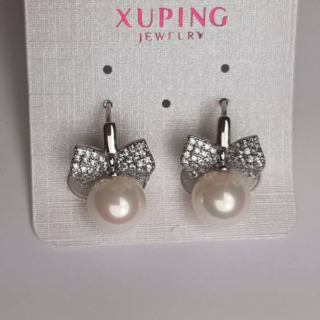 Xuping Earrings with White Majorca Pearl Bead and White Rhinestones, Diameter 10mm, Length 19mm, Rhodium