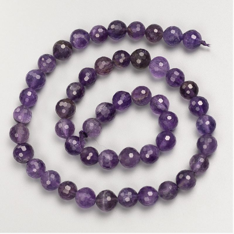Natural Stone Beads Amethyst Faceted Ball on Thread, diameter 8mm+/-, length 38cm+
