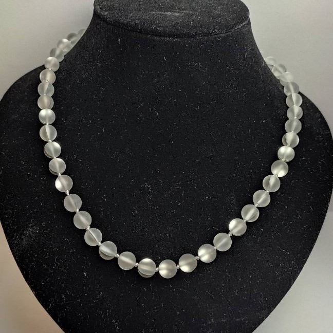 Opal Glass Necklace, White Matte Smooth Bead, Diameter 8mm+/-, Length 49cm+