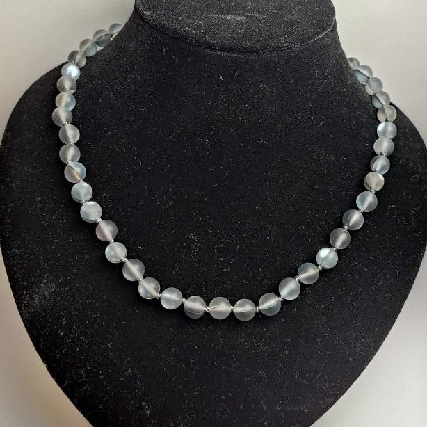 Opal Glass Necklace, Grey Matte Smooth Bead, Diameter 8mm+/-, Length 49cm+