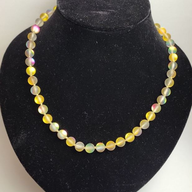 Opal Glass Necklace, Yellow Matte Chameleon Smooth Bead, Diameter 8mm+/-, Length 49cm+
