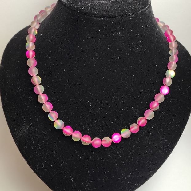 Opal Glass Necklace, Raspberry Matte Chameleon Smooth Bead, Diameter 8mm+/-, Length 49cm+