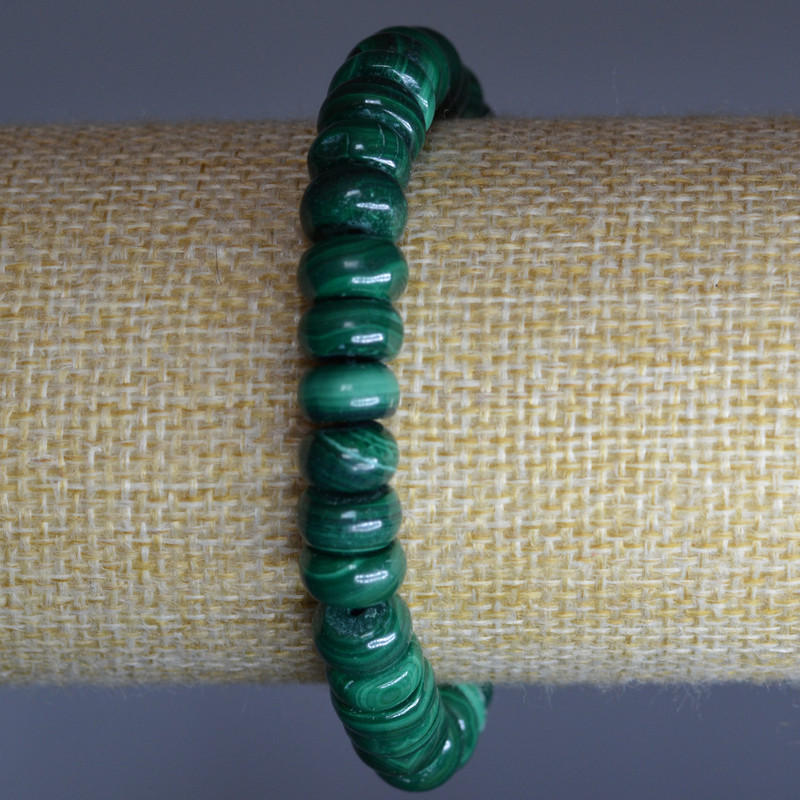 Malachite Natural Stone Bracelet, smooth rondelle, diameter 9x5mm+/-, length 18cm (stretch)