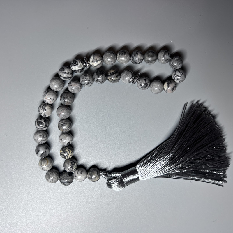 Grey Ocean Jasper Prayer Beads (imitation acrylic), smooth round bead, diameter 8mm+/-, 33 beads, with metal spacers