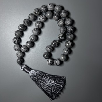 Bracelets of Gray Ocean Jasper (artificial acrylic) smooth ball beads 12mm diameter ±, 33 beads, with metal inlays