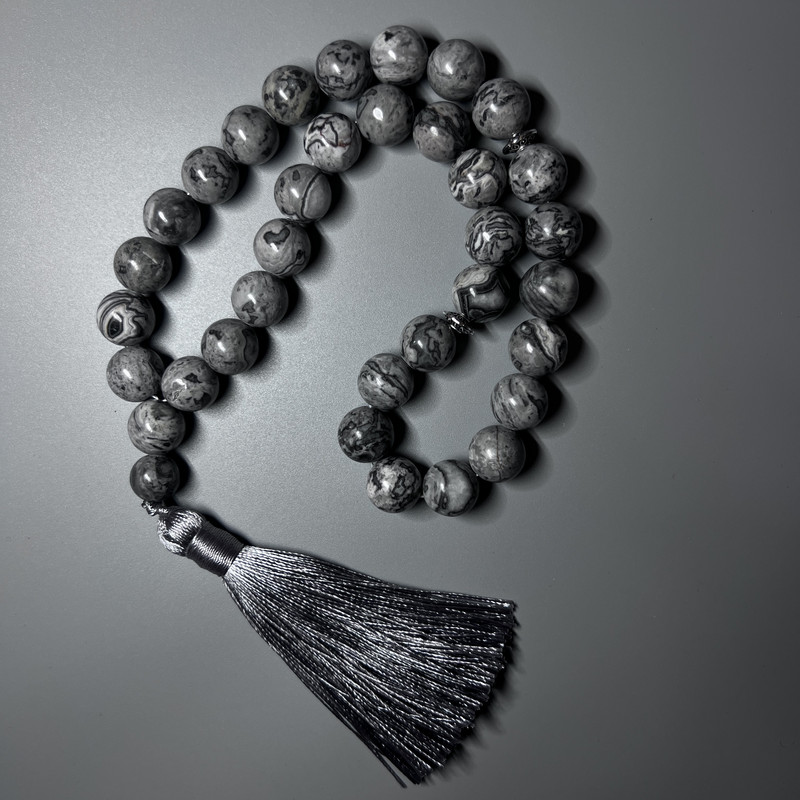 Grey Ocean Jasper Prayer Beads (imitation acrylic), smooth round bead, diameter 12mm+/-, 33 beads, with metal spacers