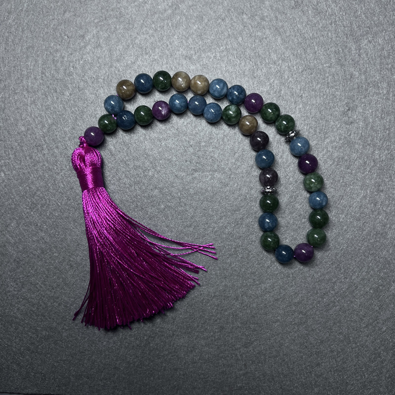 Assorted Natural Stone Prayer Beads, smooth round bead, diameter 8mm+/-, 33 beads, with metal spacers