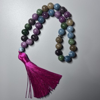 Assorted Natural Stone Prayer Beads, smooth round bead, diameter 10mm+/-, 33 beads, with metal spacers