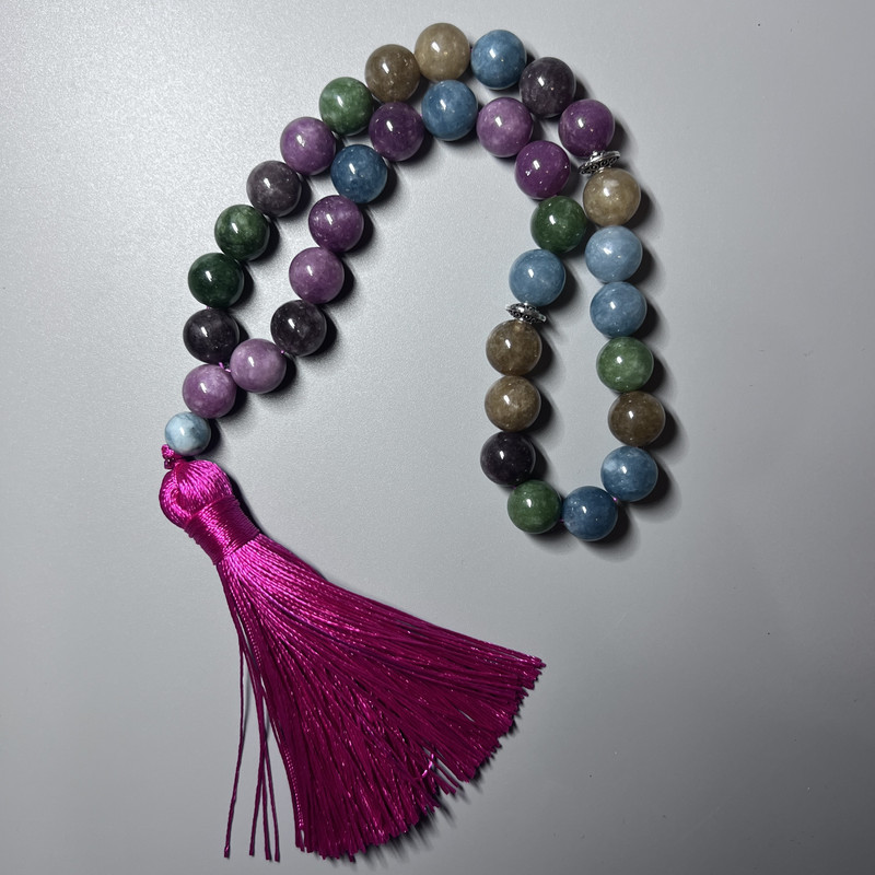 Assorted Natural Stone Prayer Beads, smooth round bead, diameter 10mm+/-, 33 beads, with metal spacers