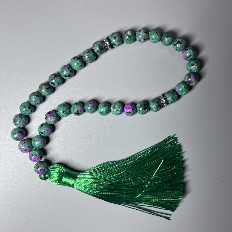 Prayer Beads Zoisite Natural Stone Smooth Round Bead, Diameter 8mm+/-, 33 Beads, with Metal Spacers