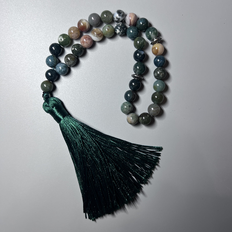 Prayer Beads Green Jasper Natural Stone Smooth Round Bead, Diameter 8mm+/-, 33 Beads, with Metal Spacers