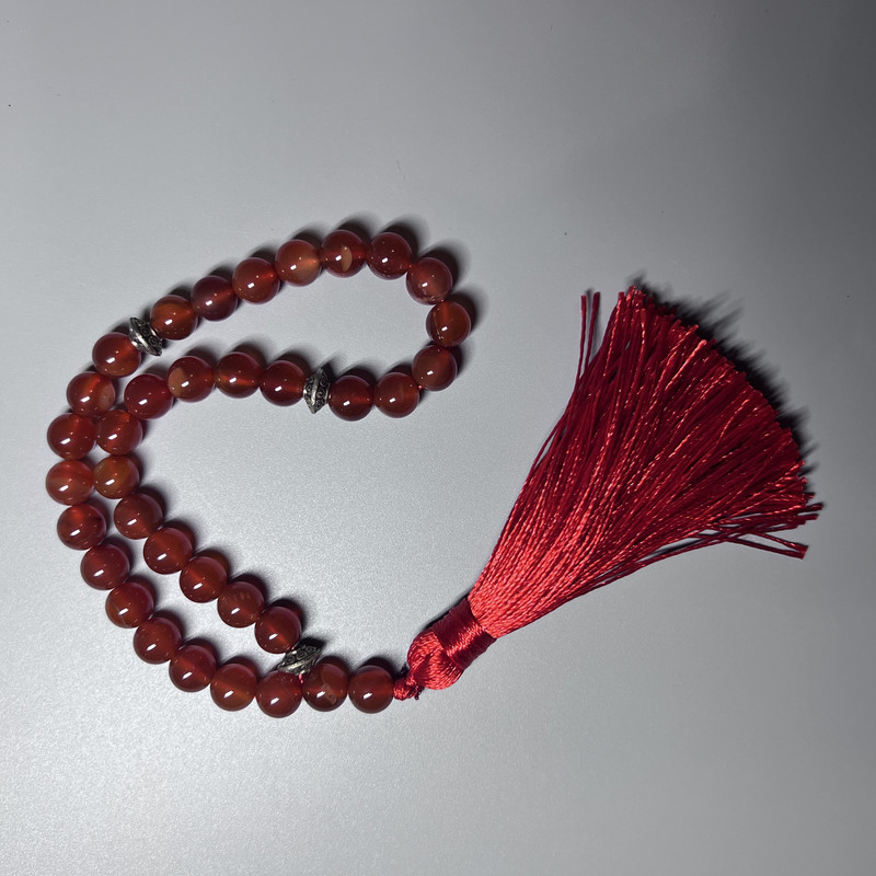 Prayer Beads Carnelian Natural Stone Smooth Round Bead, Diameter 8mm+/-, 33 Beads, with Metal Spacers