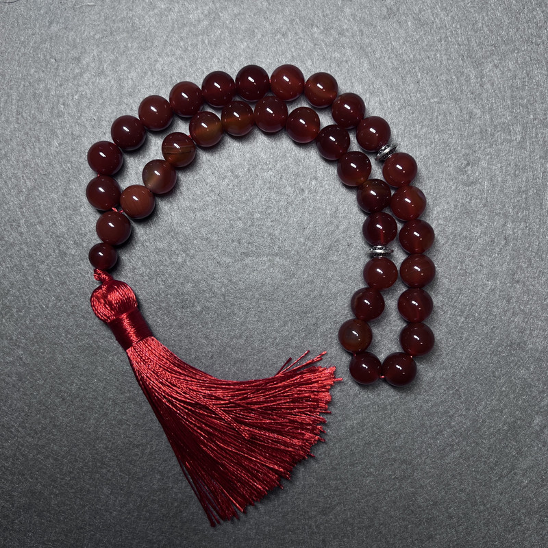 Prayer Beads Carnelian Natural Stone Smooth Round Bead, Diameter 10mm+/-, 33 Beads, with Metal Spacers