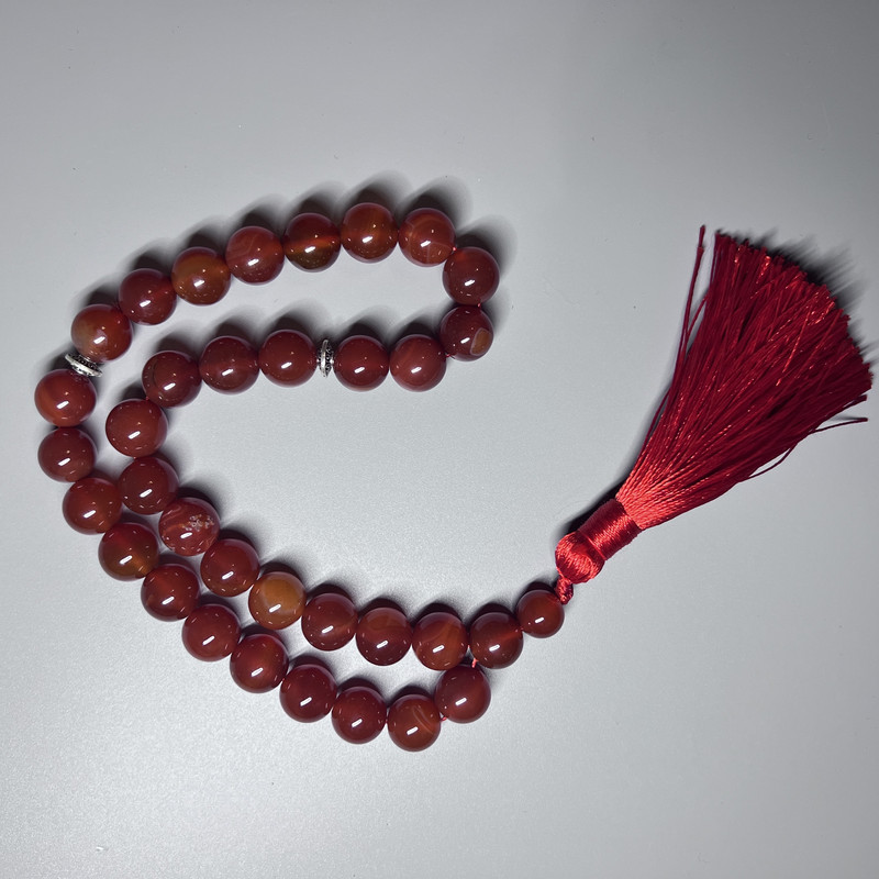 Prayer Beads Carnelian Natural Stone Smooth Round Bead, Diameter 12mm+/-, 33 Beads, with Metal Spacers