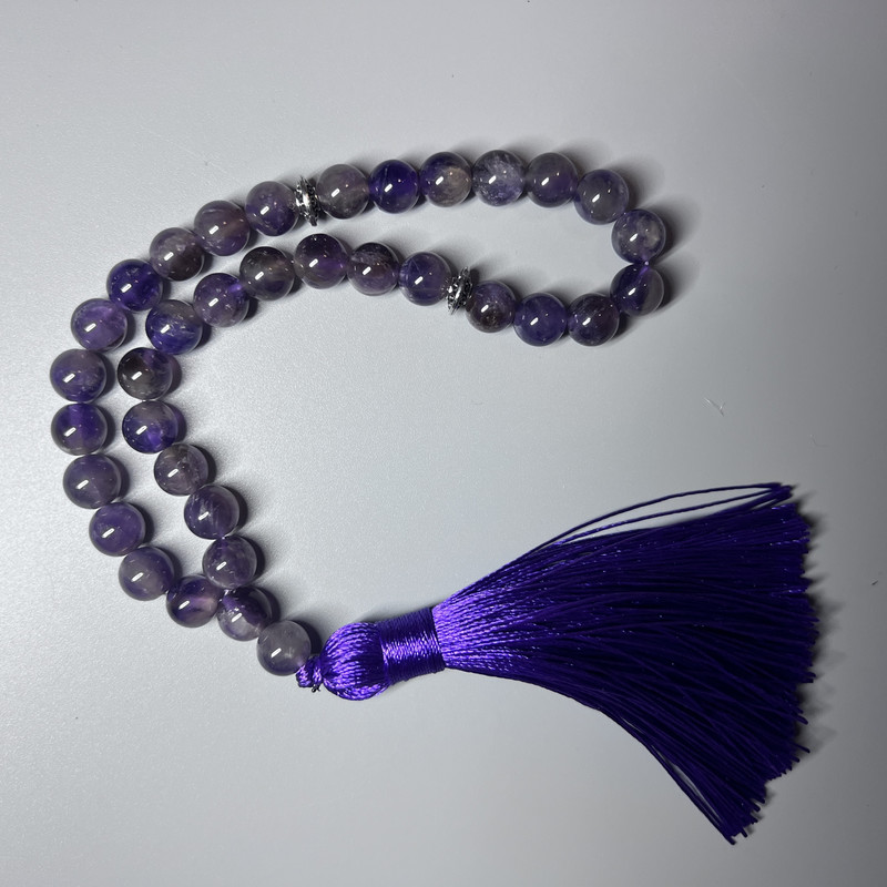 Amethyst Natural Stone Prayer Beads Smooth Bead, Diameter 8mm+-, 33 Beads, with Metal Inserts