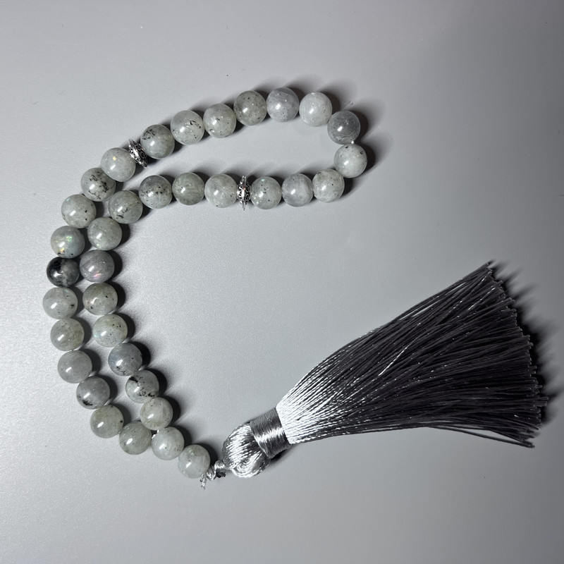 Labradorite Natural Stone Prayer Beads Smooth Bead, Diameter 8mm+-, 33 Beads, with Metal Inserts