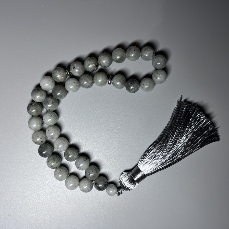 Labradorite Natural Stone Prayer Beads Smooth Bead, Diameter 10.5mm+-, 33 Beads, with Metal Inserts