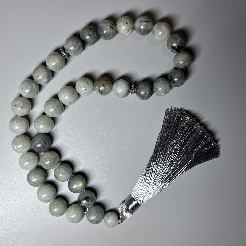 Labradorite Natural Stone Prayer Beads Smooth Bead, Diameter 12.5mm+-, 33 Beads, with Metal Inserts