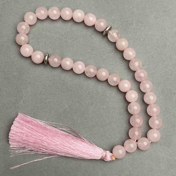 Rose Quartz Natural Stone Prayer Beads Smooth Bead, Diameter 8mm+-, 33 Beads, with Metal Inserts